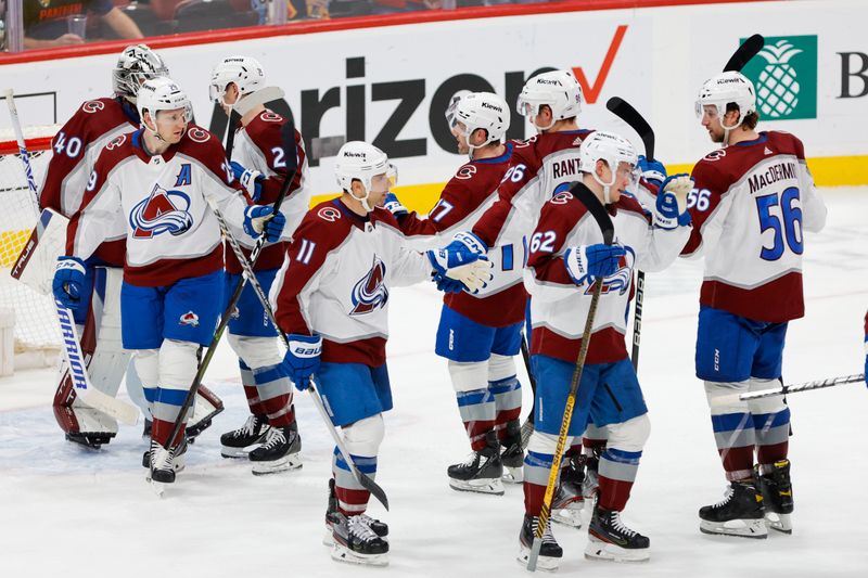 Feb 11, 2023; Sunrise, Florida, USA; Colorado Avalanche players celebrate after winning the game against the Florida Panthers at FLA Live Arena. Mandatory Credit: Sam Navarro-USA TODAY Sports