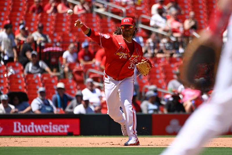 Jun 23, 2024; St. Louis, Missouri, USA; St. Louis Cardinals third baseman  Brandon Crawford (35) throws to first for an out agains the San Francisco Giants in the fifth inning at Busch Stadium. Mandatory Credit: Joe Puetz-USA TODAY Sports