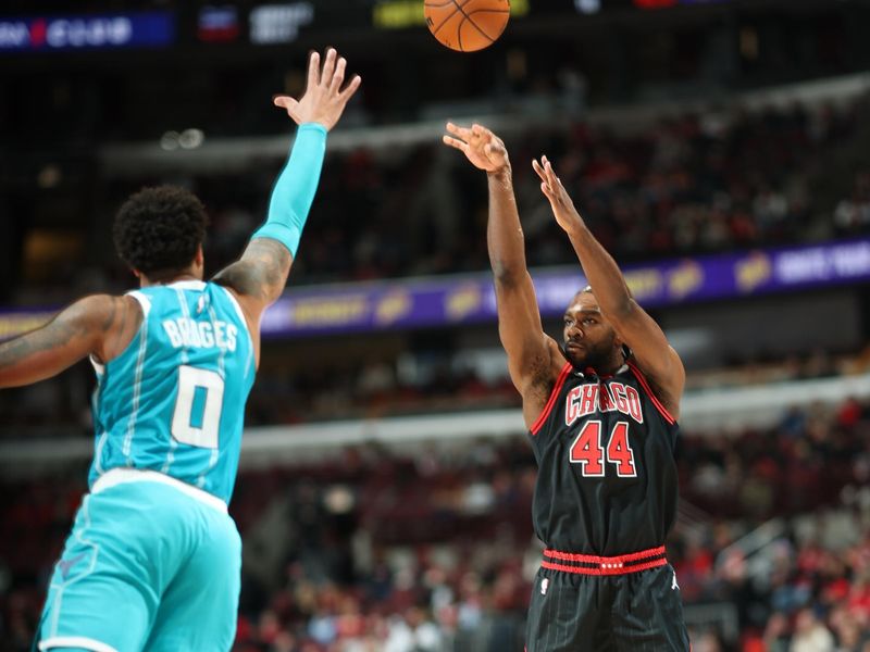CHICAGO, IL - JANUARY 17: Patrick Williams #44 of the Chicago Bulls shoots a three point basket during the game against the Charlotte Hornets on January 17, 2025 at United Center in Chicago, Illinois. NOTE TO USER: User expressly acknowledges and agrees that, by downloading and or using this photograph, User is consenting to the terms and conditions of the Getty Images License Agreement. Mandatory Copyright Notice: Copyright 2025 NBAE (Photo by Jeff Haynes/NBAE via Getty Images)