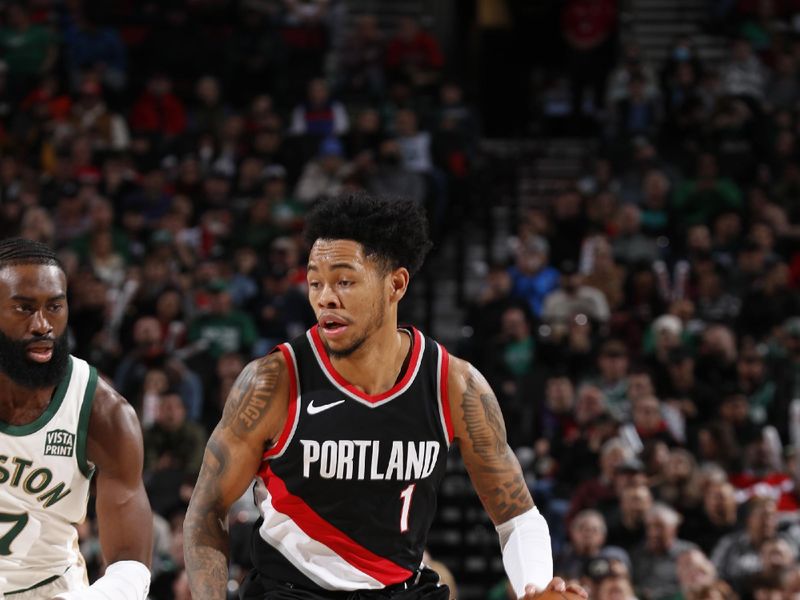 PORTLAND, OR - MARCH 11: Anfernee Simons #1 of the Portland Trail Blazers handles the ball during the game against the Boston Celtics on March 11, 2024 at the Moda Center Arena in Portland, Oregon. NOTE TO USER: User expressly acknowledges and agrees that, by downloading and or using this photograph, user is consenting to the terms and conditions of the Getty Images License Agreement. Mandatory Copyright Notice: Copyright 2024 NBAE (Photo by Cameron Browne/NBAE via Getty Images)