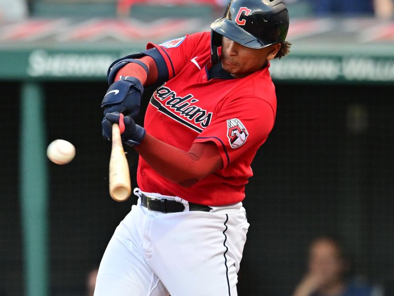 Sep 5, 2023; Cleveland, Ohio, USA; Cleveland Guardians catcher Bo Naylor (23) hits a home run during the third inning against the Minnesota Twins at Progressive Field. Mandatory Credit: Ken Blaze-USA TODAY Sports