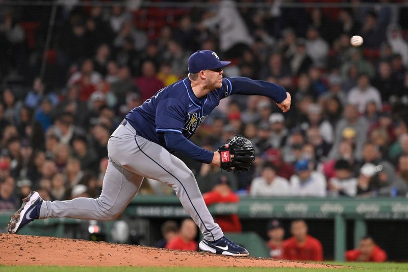 May 16, 2024; Boston, Massachusetts, USA;  Tampa Bay Rays pitcher Garrett Cleavinger (60) pitches against the Boston Red Sox during the seventh inning at Fenway Park. Mandatory Credit: Eric Canha-USA TODAY Sports