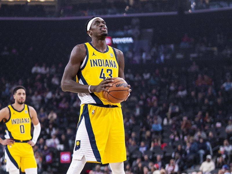 INGLEWOOD, CA - FEBRUARY 6:  Pascal Siakam #43 of the Indiana Pacers shoots a free throw during the game against the LA Clippers on February 6, 2025 at Intuit Dome in Los Angeles, California. NOTE TO USER: User expressly acknowledges and agrees that, by downloading and/or using this Photograph, user is consenting to the terms and conditions of the Getty Images License Agreement. Mandatory Copyright Notice: Copyright 2025 NBAE (Photo by Tyler Ross/NBAE via Getty Images)