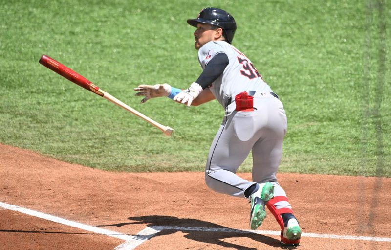 Jun 16, 2024; Toronto, Ontario, CAN;  Cleveland Guardians left fielder Steven Kwan (38) hits a single against the Toronto Blue Jays in the first inning at Rogers Centre. Mandatory Credit: Dan Hamilton-USA TODAY Sports