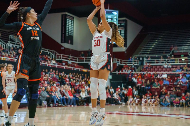 Jan 27, 2023; Stanford, California, USA; Stanford Cardinal guard Haley Jones (30) shoots the basketball during the first quarter against Oregon State Beavers forward Jelena Mitrovic (12) at Maples Pavilion. Mandatory Credit: Neville E. Guard-USA TODAY Sports