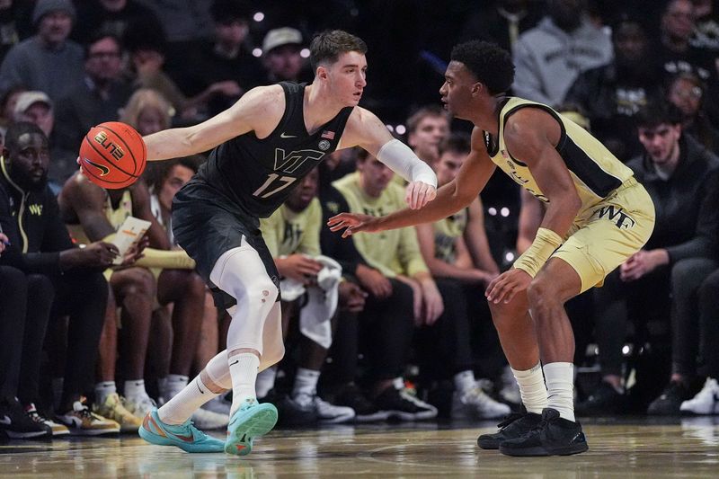 Jan 3, 2026; Winston-Salem, North Carolina, USA; Virginia Tech Hokies guard Neoklis Avdalas (17) handles the ball against Wake Forest Demon Deacons guard Myles Colvin (6) during the first half at Lawrence Joel Veterans Memorial Coliseum. Mandatory Credit: Jim Dedmon-Imagn Images