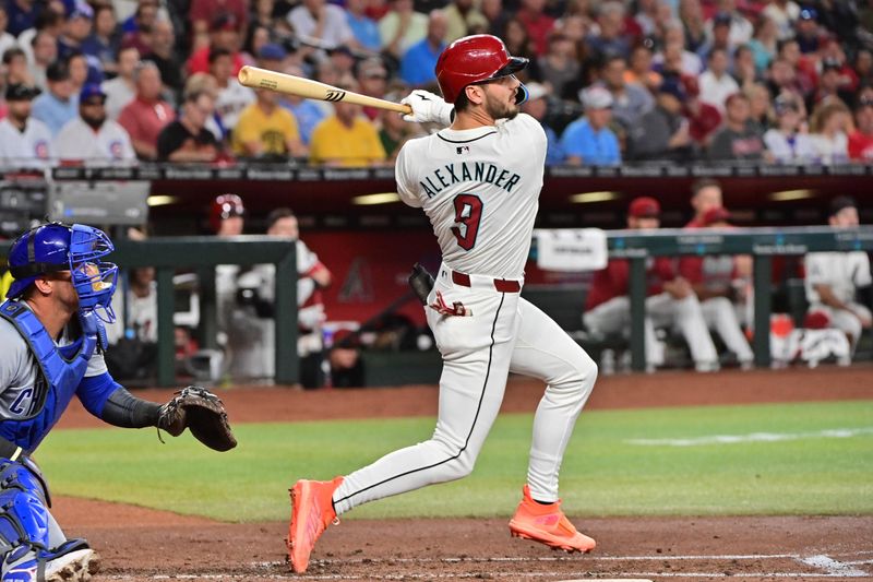 Apr 17, 2024; Phoenix, Arizona, USA;  Arizona Diamondbacks shortstop Blaze Alexander (9) singles in the second inning against the Chicago Cubs at Chase Field. Mandatory Credit: Matt Kartozian-USA TODAY Sports