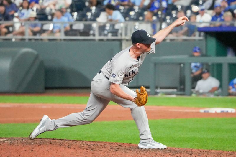 Jun 12, 2024; Kansas City, Missouri, USA; New York Yankees relief pitcher Caleb Ferguson (64) delivers a pitch against the Kansas City Royals in the ninth inning at Kauffman Stadium. Mandatory Credit: Denny Medley-USA TODAY Sports