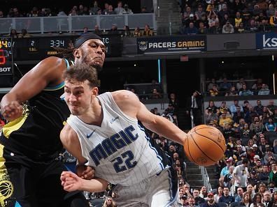 INDIANAPOLIS, IN - DECEMBER 23:  Franz Wagner #22 of the Orlando Magic handles the ball during the game against the Indiana Pacers on December 23, 2023 at Gainbridge Fieldhouse in Indianapolis, Indiana. NOTE TO USER: User expressly acknowledges and agrees that, by downloading and or using this Photograph, user is consenting to the terms and conditions of the Getty Images License Agreement. Mandatory Copyright Notice: Copyright 2023 NBAE (Photo by Ron Hoskins/NBAE via Getty Images)