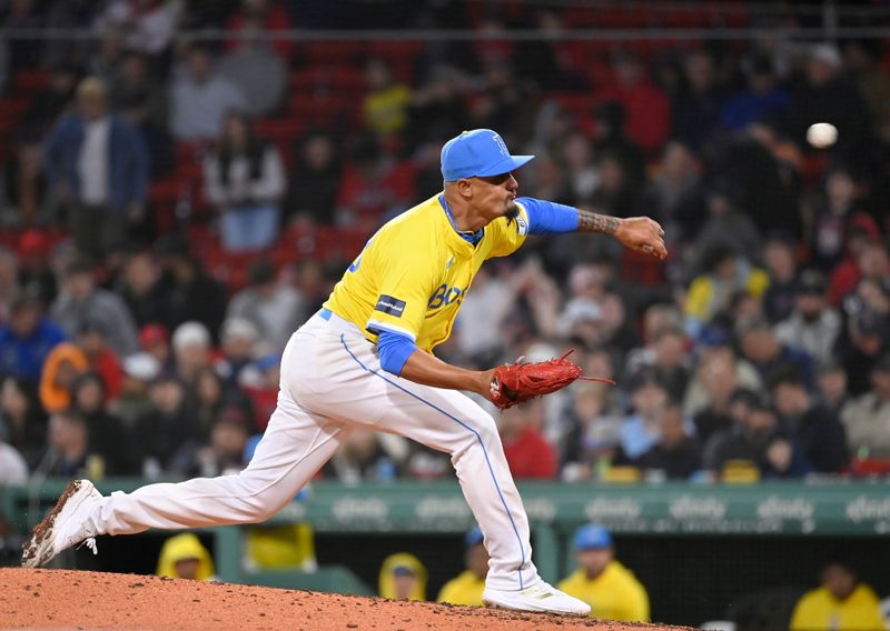 Apr 12, 2024; Boston, Massachusetts, USA; Boston Red Sox relief pitcher Brennan Bernardino (83) pitches against the Los Angeles Angels during the seventh inning at Fenway Park. Mandatory Credit: Eric Canha-USA TODAY Sports