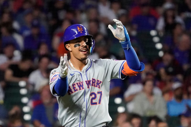 Jun 23, 2024; Chicago, Illinois, USA; New York Mets Mark Vientos (27) gestures after hitting a home run against the Chicago Cubs during the eighth inning at Wrigley Field. Mandatory Credit: David Banks-USA TODAY Sports