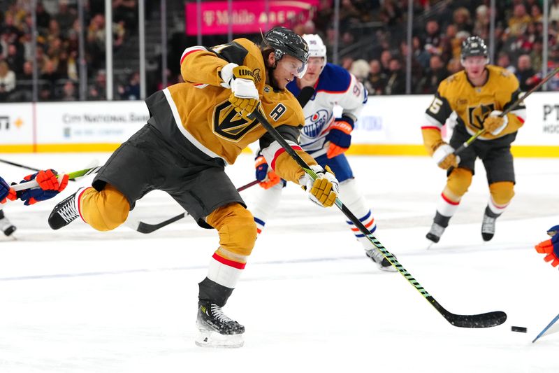 Dec 3, 2024; Las Vegas, Nevada, USA; Vegas Golden Knights center William Karlsson (71) shoots against the Edmonton Oilers during the second period at T-Mobile Arena. Mandatory Credit: Stephen R. Sylvanie-Imagn Images