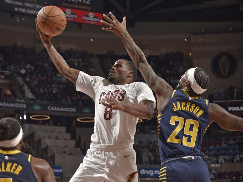 CLEVELAND, OH - APRIL 13: Javonte Green #8 of the Cleveland Cavaliers drives to the basket during the game against the Indiana Pacers on April 13, 2025 at Rocket Arena in Cleveland, Ohio. NOTE TO USER: User expressly acknowledges and agrees that, by downloading and/or using this Photograph, user is consenting to the terms and conditions of the Getty Images License Agreement. Mandatory Copyright Notice: Copyright 2025 NBAE (Photo by David Liam Kyle/NBAE via Getty Images)