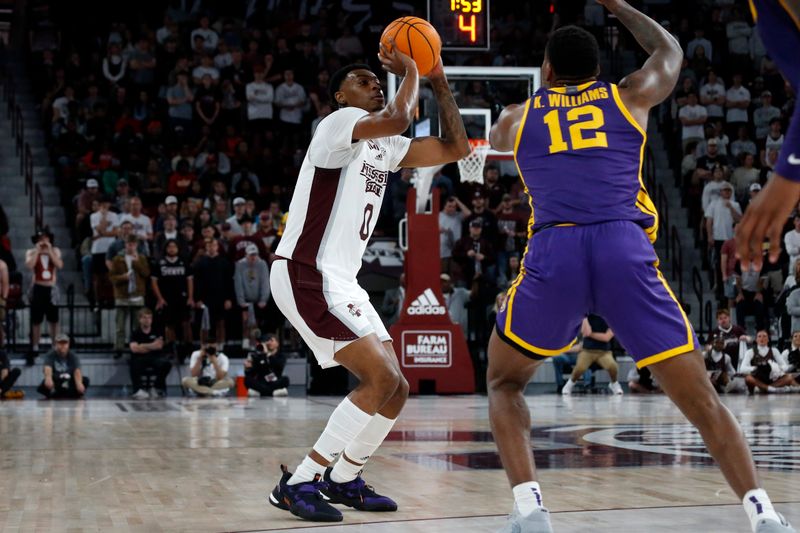 Feb 8, 2023; Starkville, Mississippi, USA; Mississippi State Bulldogs forward D.J. Jeffries (0) shoots for three during the first half against the LSU Tigers at Humphrey Coliseum. Mandatory Credit: Petre Thomas-USA TODAY Sports