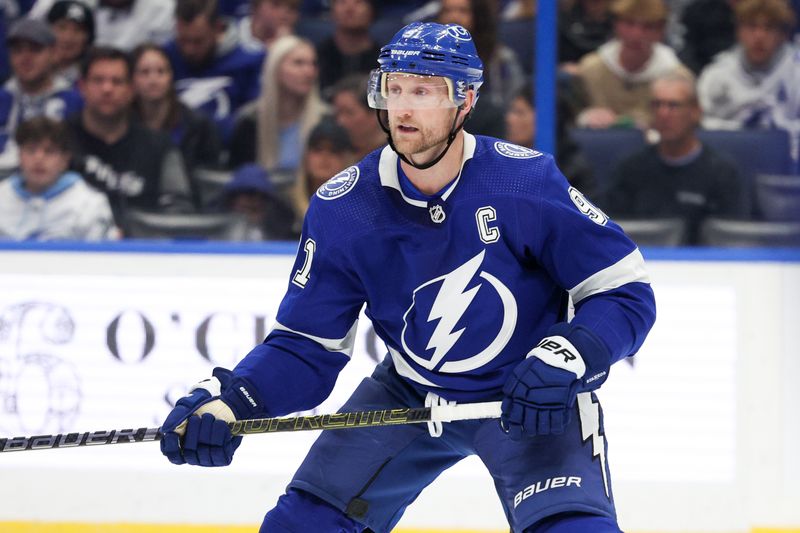 Jan 13, 2024; Tampa, Florida, USA;  Tampa Bay Lightning center Steven Stamkos (91) wait for a pass during a game against the Anaheim Ducks in the third period at Amalie Arena. Mandatory Credit: Nathan Ray Seebeck-USA TODAY Sports