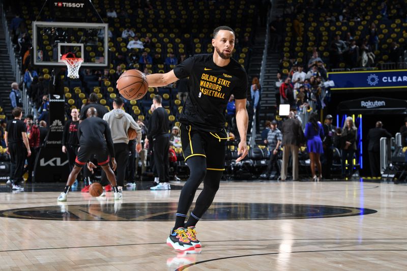 SAN FRANCISCO, CA - MARCH 7: Stephen Curry #30 of the Golden State Warriors warms up before the game against the Chicago Bulls on March 7, 2024 at Chase Center in San Francisco, California. NOTE TO USER: User expressly acknowledges and agrees that, by downloading and or using this photograph, user is consenting to the terms and conditions of Getty Images License Agreement. Mandatory Copyright Notice: Copyright 2024 NBAE (Photo by Noah Graham/NBAE via Getty Images)