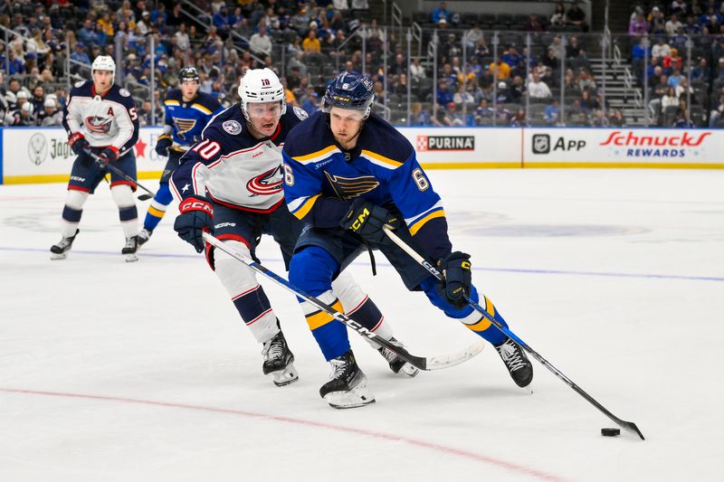 Oct 1, 2024; St. Louis, Missouri, USA;  St. Louis Blues defenseman Philip Broberg (6) controls the puck as Columbus Blue Jackets left wing Dmitri Voronkov (10) defends during the second period at Enterprise Center. Mandatory Credit: Jeff Curry-Imagn Images