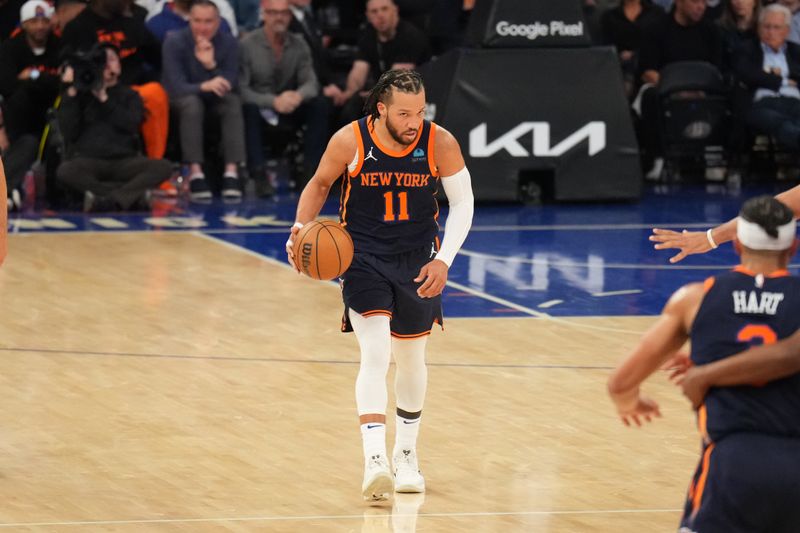 NEW YORK, NY - APRIL 22: Jalen Brunson #11 of the New York Knicks shoots the ball during the game against the Philadelphia 76ers during Round 1 Game 2 of the 2024 NBA Playoffs on April 22, 2024 at Madison Square Garden in New York City, New York.  NOTE TO USER: User expressly acknowledges and agrees that, by downloading and or using this photograph, User is consenting to the terms and conditions of the Getty Images License Agreement. Mandatory Copyright Notice: Copyright 2024 NBAE  (Photo by Jesse D. Garrabrant/NBAE via Getty Images)