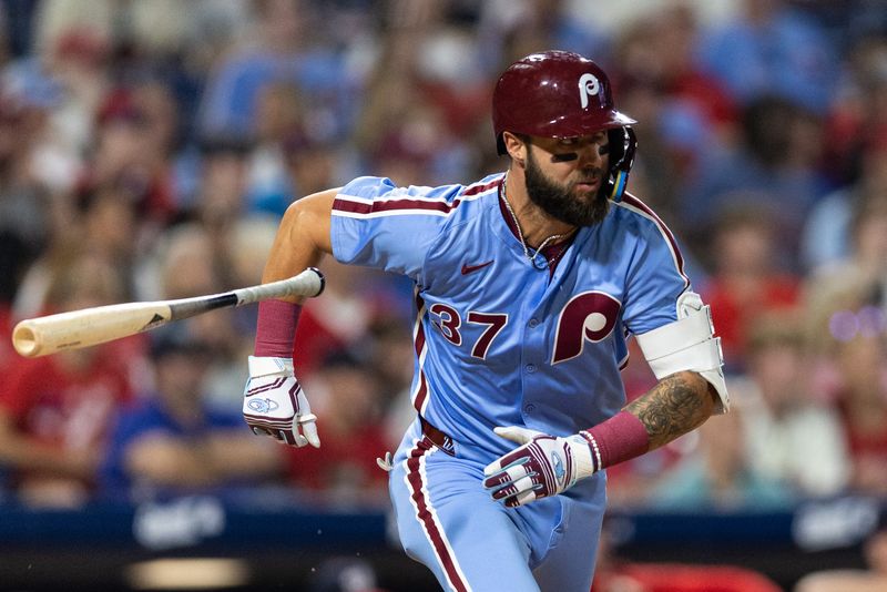 Aug 15, 2024; Philadelphia, Pennsylvania, USA; Philadelphia Phillies outfielder Weston Wilson (37) hits a double during the eighth inning to complete the cycle against the Washington Nationals at Citizens Bank Park. Mandatory Credit: Bill Streicher-USA TODAY Sports