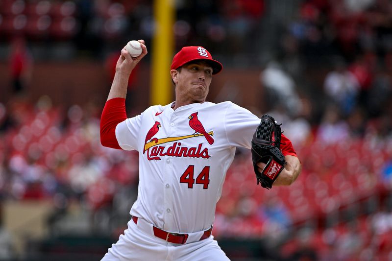 May 22, 2024; St. Louis, Missouri, USA;  St. Louis Cardinals starting pitcher Kyle Gibson (44) pitches against the Baltimore Orioles during the first inning at Busch Stadium. Mandatory Credit: Jeff Curry-USA TODAY Sports