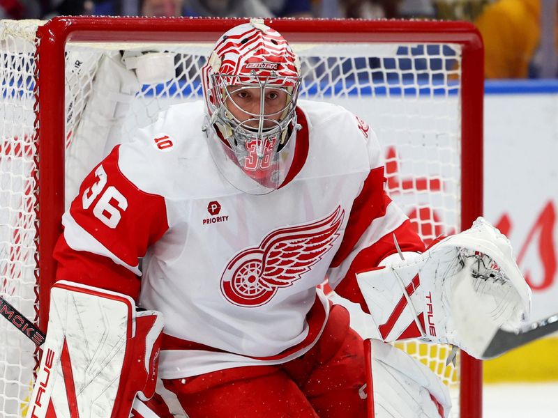 Mar 27, 2026; Buffalo, New York, USA;  Detroit Red Wings goaltender John Gibson (36) looks for the puck during the second period against the Buffalo Sabres at KeyBank Center. Mandatory Credit: Timothy T. Ludwig-Imagn Images
