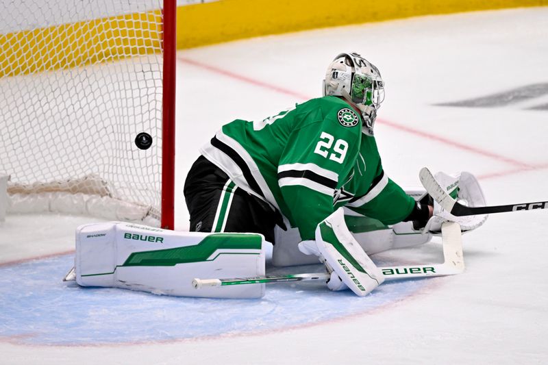 May 3, 2025; Dallas, Texas, USA; Dallas Stars goaltender Jake Oettinger (29) gives up a a short-handed goal to Colorado Avalanche defenseman Josh Manson (not pictured) during the second period in game seven of the first round of the 2025 Stanley Cup Playoffs at American Airlines Center. Mandatory Credit: Jerome Miron-Imagn Images