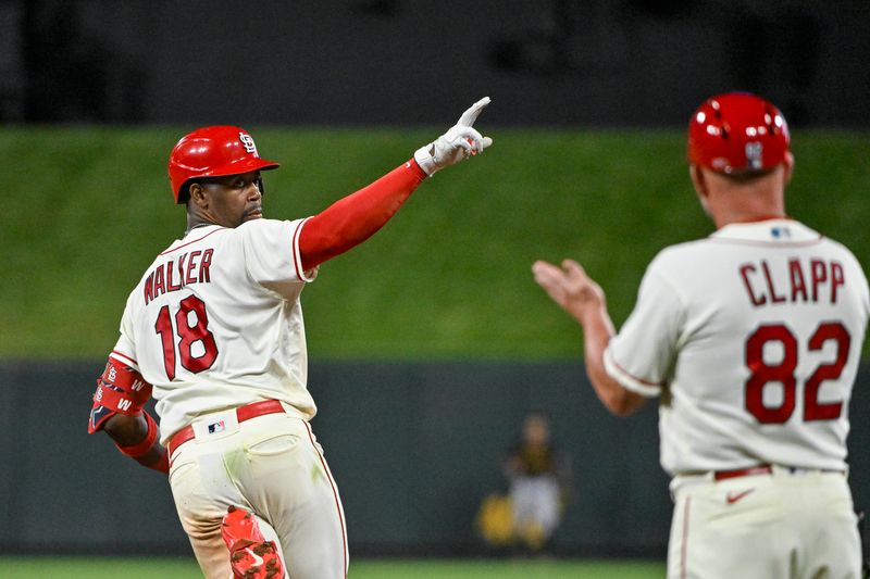 Sep 2, 2023; St. Louis, Missouri, USA;  St. Louis Cardinals right fielder Jordan Walker (18) reacts after hitting a two run home run against the Pittsburgh Pirates during the seventh inning at Busch Stadium. Mandatory Credit: Jeff Curry-USA TODAY Sports