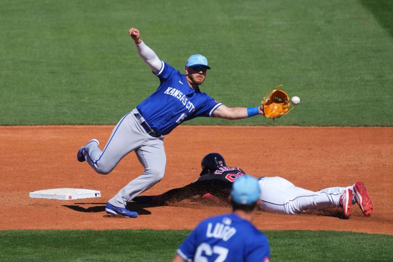 Mar 2, 2024; Goodyear, Arizona, USA; Cleveland Guardians right fielder Estevan Florial (90) beats a throw to Kansas City Royals second baseman Mike Brosseau (15) during the second inning at Goodyear Ballpark. Mandatory Credit: Joe Camporeale-USA TODAY Sports