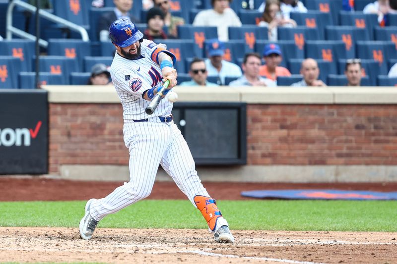 May 29, 2024; New York City, New York, USA;  New York Mets catcher Tomás Nido (3) hits a two run home run in the fifth inning against the Los Angeles Dodgers at Citi Field. Mandatory Credit: Wendell Cruz-USA TODAY Sports