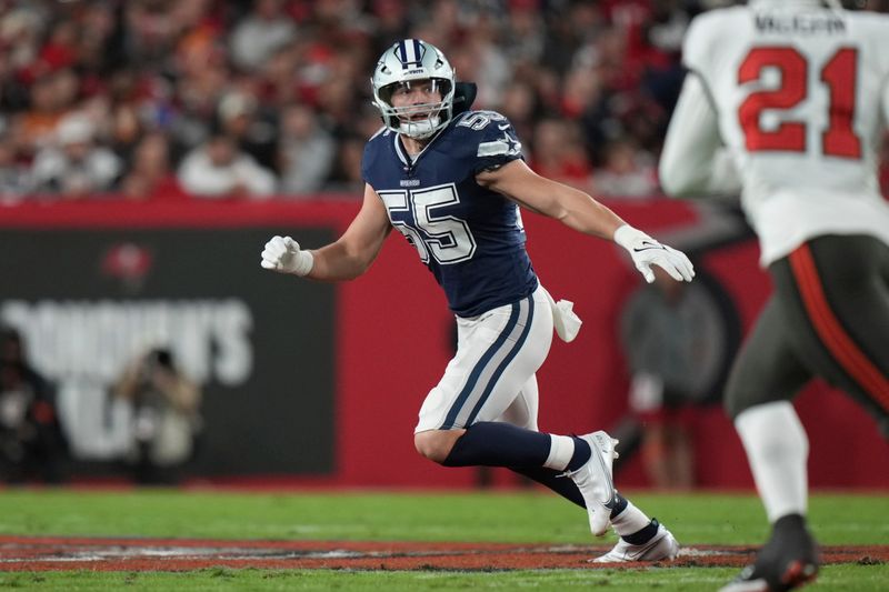 Dallas Cowboys linebacker Leighton Vander Esch (55) looks at the passer as he defends during an NFL wild-card football game against the Tampa Bay Buccaneers, Monday, Jan. 16, 2023, in Tampa, Fla. (AP Photo/Peter Joneleit)