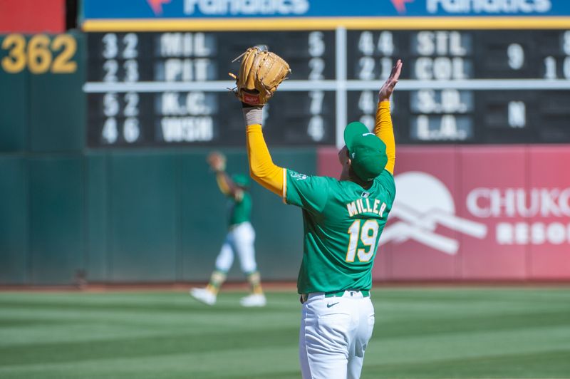 Sep 26, 2024; Oakland, California, USA; Oakland Athletics pitcher Mason Miller (19) celebrates after defeating the Texas Rangers at Oakland-Alameda County Coliseum. Mandatory Credit: Ed Szczepanski-Imagn Images