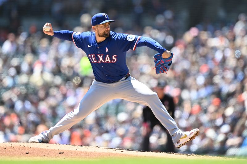 May 11, 2025; Detroit, Michigan, USA; Texas Rangers starting pitcher Nathan Eovaldi (17) throws a pitch against the Detroit Tigers in the first inning at Comerica Park. Mandatory Credit: Lon Horwedel-Imagn Images