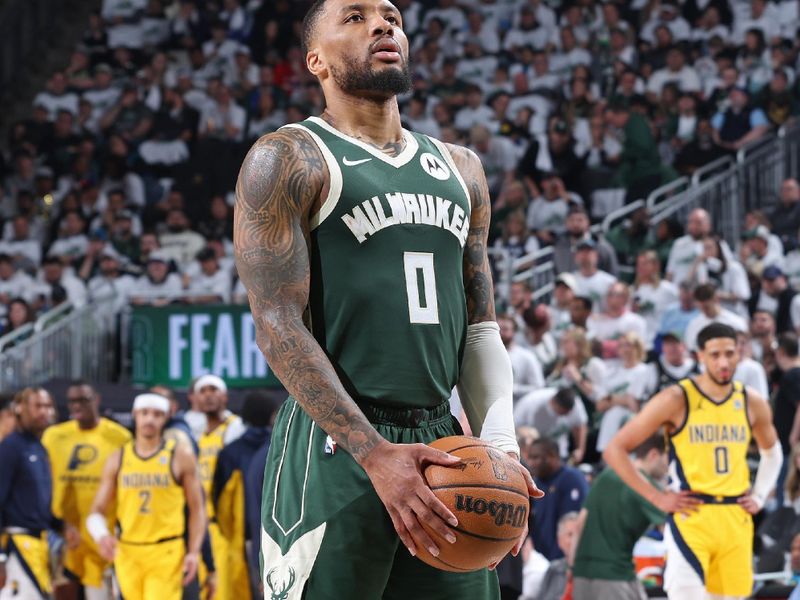 MILWAUKEE, WI - APRIL 23: Damian Lillard #0 of the Milwaukee Bucks prepares to shoot a free throw during Round 1 Game 2 of the 2024 NBA Playoffs against the Indiana Pacers on April 23, 2024 at the Fiserv Forum Center in Milwaukee, Wisconsin. NOTE TO USER: User expressly acknowledges and agrees that, by downloading and or using this Photograph, user is consenting to the terms and conditions of the Getty Images License Agreement. Mandatory Copyright Notice: Copyright 2024 NBAE (Photo by Jeff Haynes/NBAE via Getty Images).