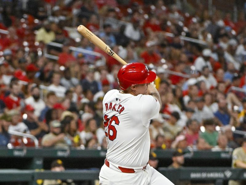 Aug 28, 2024; St. Louis, Missouri, USA;  St. Louis Cardinals designated hitter Luken Baker (26) hist a one run double against the San Diego Padres during the fourth inning at Busch Stadium. Mandatory Credit: Jeff Curry-USA TODAY Sports