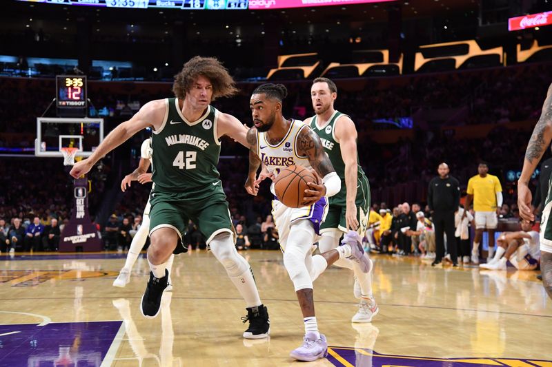 LOS ANGELES, CA - OCTOBER 15: D'Angelo Russell #1 of the Los Angeles Lakers handles the ball during the preseason game on October 15, 2023 at Crypto.Com Arena in Los Angeles, California. NOTE TO USER: User expressly acknowledges and agrees that, by downloading and/or using this Photograph, user is consenting to the terms and conditions of the Getty Images License Agreement. Mandatory Copyright Notice: Copyright 2023 NBAE (Photo by Juan Ocampo/NBAE via Getty Images)