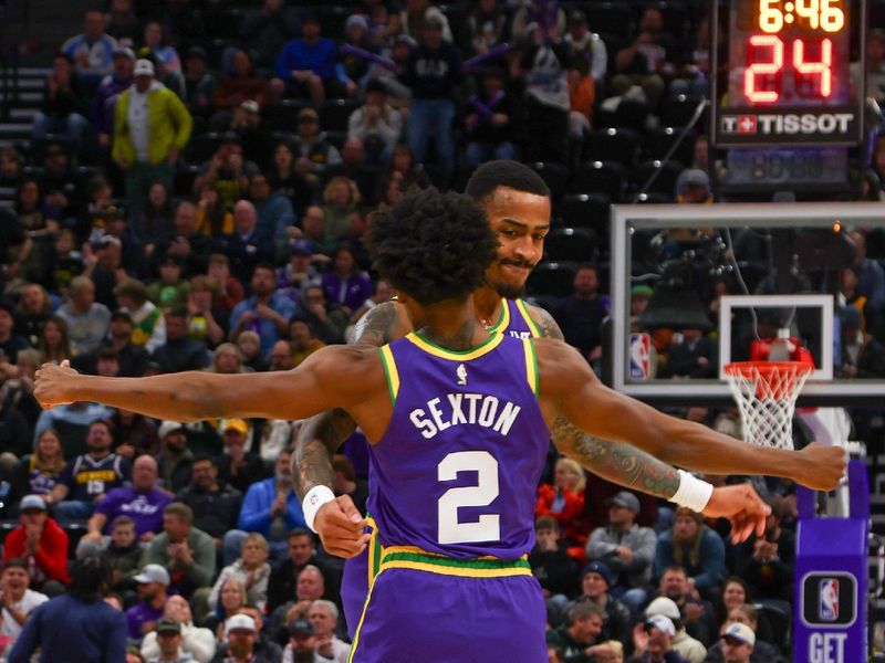 SALT LAKE CITY, UT - JANUARY 10: John Collins #20 and Colin Sexton #2 of the Utah Jazz celebrate during the game against the Denver Nuggets on January 10, 2024 at Delta Center in Salt Lake City, Utah. NOTE TO USER: User expressly acknowledges and agrees that, by downloading and or using this Photograph, User is consenting to the terms and conditions of the Getty Images License Agreement. Mandatory Copyright Notice: Copyright 2024 NBAE (Photo by Melissa Majchrzak/NBAE via Getty Images)