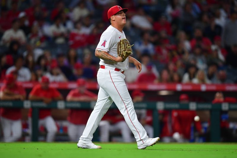 Sep 15, 2023; Anaheim, California, USA; Los Angeles Angels starting pitcher Jhonathan Diaz (74) reacts after giving up two run RBI single against Detroit Tigers right fielder Kerry Carpenter (30) during the eighth inning at Angel Stadium. Mandatory Credit: Gary A. Vasquez-USA TODAY Sports