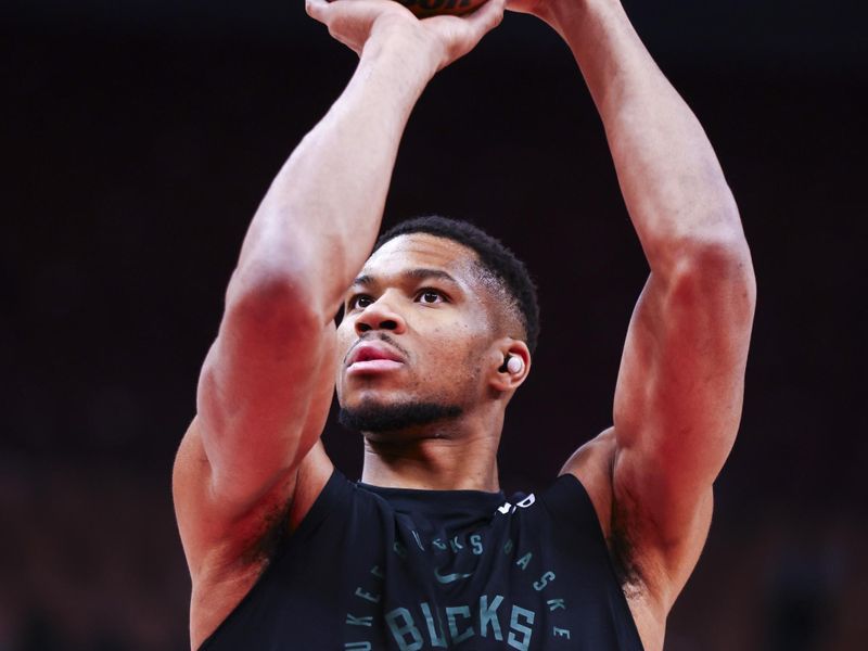 TORONTO, CANADA - JANUARY 6: Giannis Antetokounmpo #34 of the Milwaukee Bucks warms up against the Toronto Raptors on January 6, 2025 at the Scotiabank Arena in Toronto, Ontario, Canada.  NOTE TO USER: User expressly acknowledges and agrees that, by downloading and or using this Photograph, user is consenting to the terms and conditions of the Getty Images License Agreement.  Mandatory Copyright Notice: Copyright 2025 NBAE (Photo by Vaughn Ridley/NBAE via Getty Images)