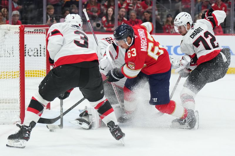 Oct 11, 2025; Sunrise, Florida, USA;  Ottawa Senators defenseman Nick Jensen (3) blocks the shot of Florida Panthers left wing Brad Marchand (63) as defenseman Thomas Chabot (72) follows on the play during the first period at Amerant Bank Arena. Mandatory Credit: Jim Rassol-Imagn Images