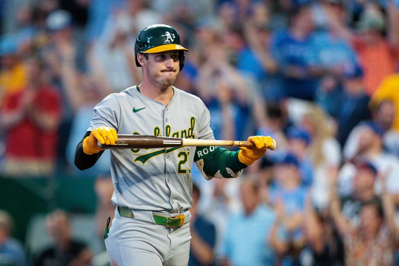 May 18, 2024; Kansas City, Missouri, USA; Oakland Athletics outfielder Brent Rooker (25) reacts after getting the last out of the game against the Kansas City Royals at Kauffman Stadium. Mandatory Credit: William Purnell-USA TODAY Sports