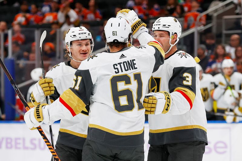 Nov 28, 2023; Edmonton, Alberta, CAN; The Vegas Golden Knights celebrate a goal by forward Mark Stone (61) during the second period against the Edmonton Oilers at Rogers Place. Mandatory Credit: Perry Nelson-USA TODAY Sports