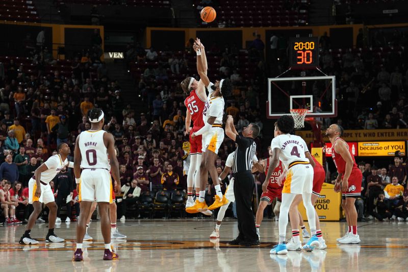 Feb 18, 2023; Tempe, Arizona, USA; A general view of the opening tip between the Arizona State Sun Devils and the Utah Utes during the first half at Desert Financial Arena. Mandatory Credit: Joe Camporeale-USA TODAY Sports