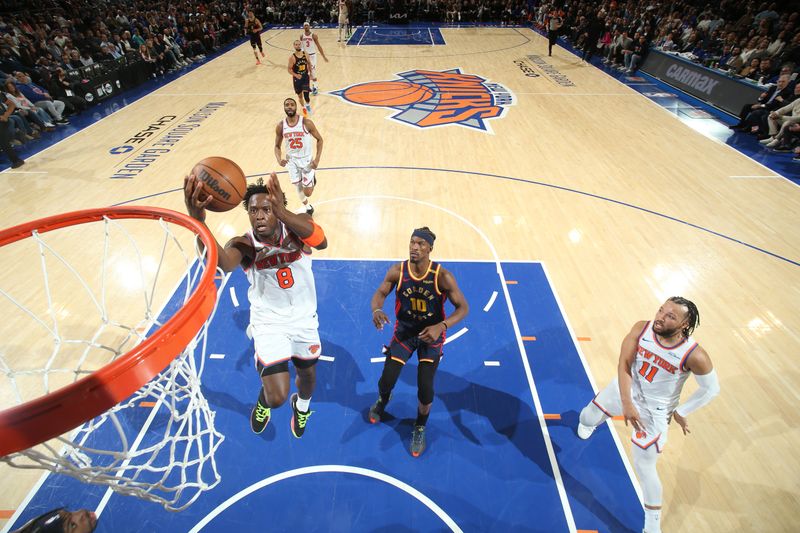 NEW YORK, NY - MARCH 4: OG Anunoby #8 of the New York Knicks drives to the basket during the game against the Golden State Warriors on March 4, 2025 at Madison Square Garden in New York City, New York.  NOTE TO USER: User expressly acknowledges and agrees that, by downloading and or using this photograph, User is consenting to the terms and conditions of the Getty Images License Agreement. Mandatory Copyright Notice: Copyright 2025 NBAE  (Photo by Nathaniel S. Butler/NBAE via Getty Images)