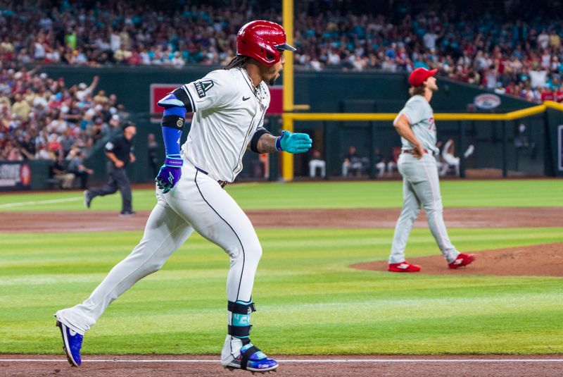 Aug 10, 2024; Phoenix, Arizona, USA; Arizona Diamondbacks infielder Ketel Marte (4) reacts after hitting a home run in the first inning against the Philadelphia Phillies at Chase Field. Mandatory Credit: Allan Henry-USA TODAY Sports