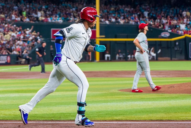 Aug 10, 2024; Phoenix, Arizona, USA; Arizona Diamondbacks infielder Ketel Marte (4) reacts after hitting a home run in the first inning against the Philadelphia Phillies at Chase Field. Mandatory Credit: Allan Henry-USA TODAY Sports