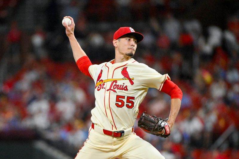 Sep 20, 2025; St. Louis, Missouri, USA; St. Louis Cardinals relief pitcher Riley O'Brien (55) pitches against the Milwaukee Brewers during the eighth inning at Busch Stadium. Mandatory Credit: Jeff Curry-Imagn Images