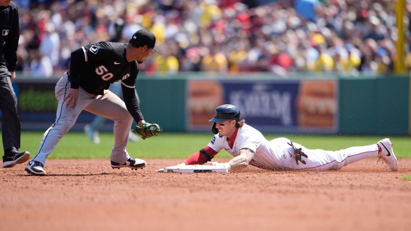 Apr 21, 2025; Boston, Massachusetts, USA;Boston Red Sox center fielder Jarren Duran (16) slides into second base with a double with Chicago White Sox second baseman Lenyn Sosa (50) attempting the tag during the third inning at Fenway Park. Mandatory Credit: Gregory Fisher-Imagn Images