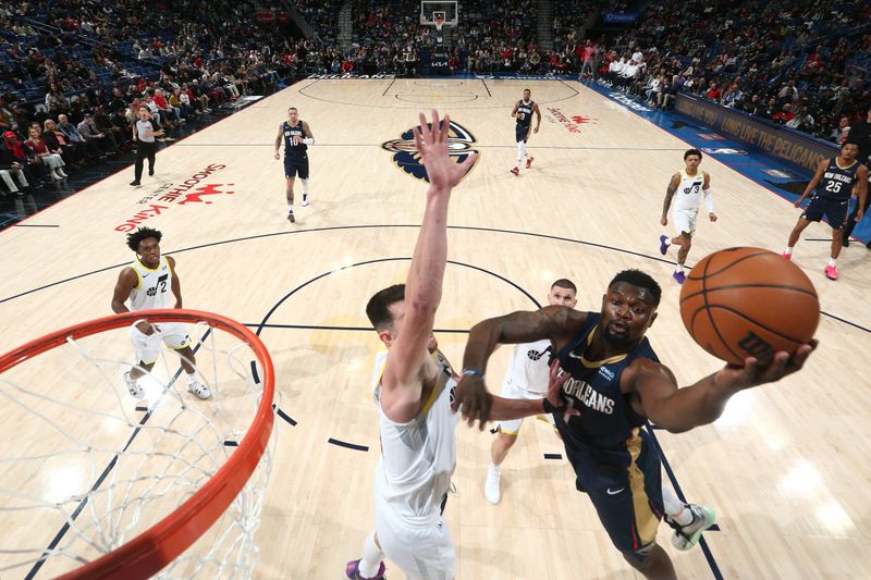 NEW ORLEANS, LA - JANUARY 17:  Zion Williamson #1 of the New Orleans Pelicans drives to the basket during the game against the Utah Jazz on January 17, 2025 at the Smoothie King Center in New Orleans, Louisiana. NOTE TO USER: User expressly acknowledges and agrees that, by downloading and or using this Photograph, user is consenting to the terms and conditions of the Getty Images License Agreement. Mandatory Copyright Notice: Copyright 2025 NBAE (Photo by Layne Murdoch Jr./NBAE via Getty Images)