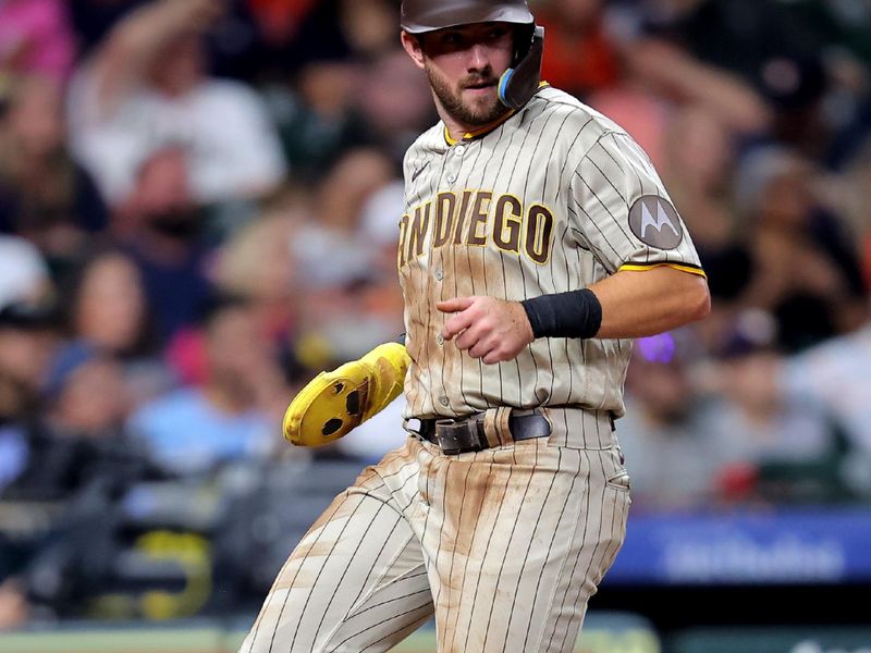 Sep 8, 2023; Houston, Texas, USA; San Diego Padres second baseman Matthew Batten (17) crosses home plate to score a run  against the Houston Astros during the second inning at Minute Maid Park. Mandatory Credit: Erik Williams-USA TODAY Sports