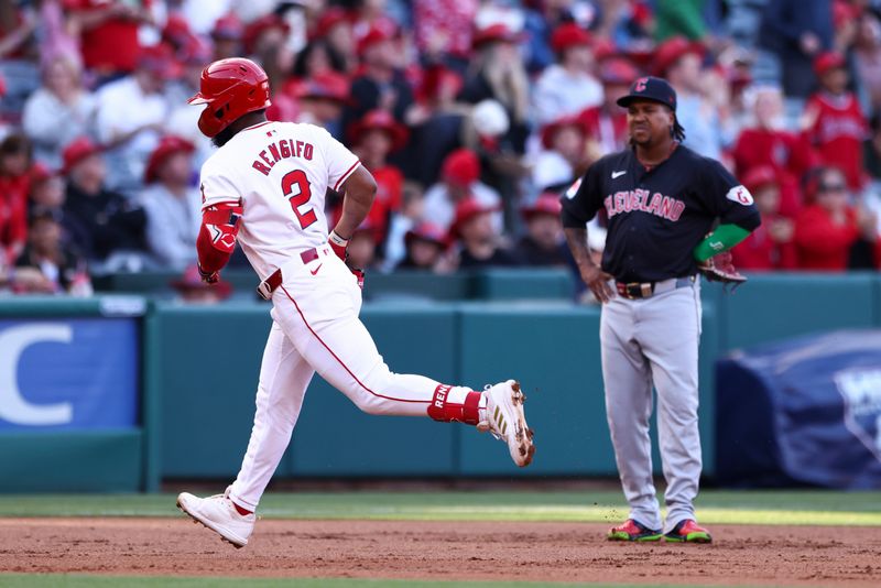 May 24, 2024; Anaheim, California, USA; Los Angeles Angels second base Luis Rengifo (2) runs the bases after hitting a home run against the Cleveland Guardians during the first inning of a game at Angel Stadium. Mandatory Credit: Jessica Alcheh-USA TODAY Sports
